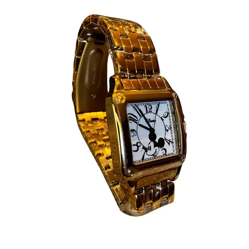 Mickey Mouse Watch Gold Tone,‎ New with Box, New Battery, Square, Bracelet